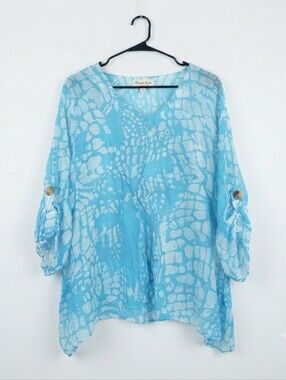 Pleasant Shade Blue White Abstract Sharkbite Tunic Top Size L Roll Tab Sleeve